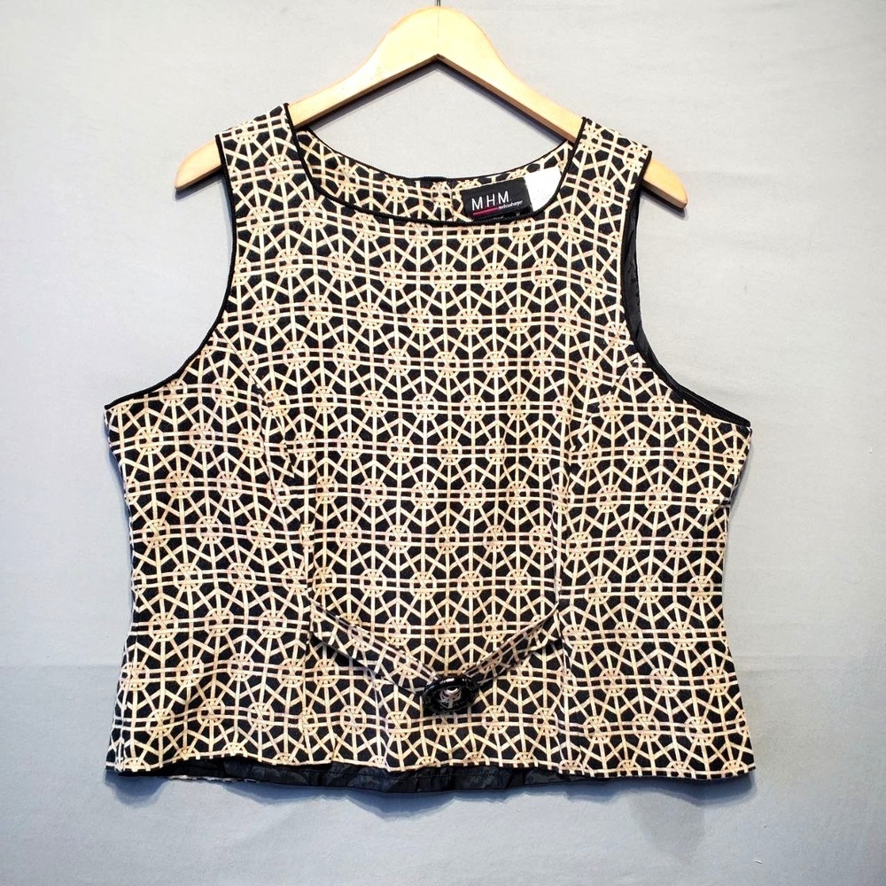 MHM Melissa Harper Blouse Womens 16 Black Linen Blend Geometric Artsy Career Top